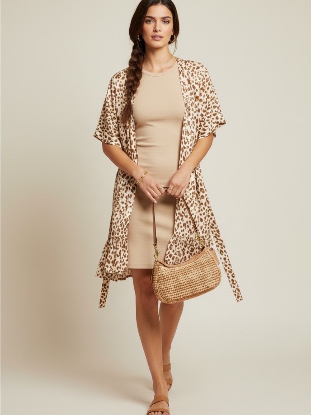 EXPRESS Leopard Print Kimono Duster S/M Gold Glitter Ruffle Animal Swim Cover